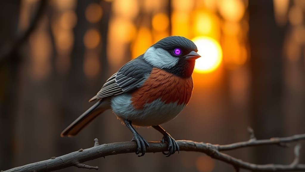 Terracotta Chickadee with Glowing Eyes on Forest Branch