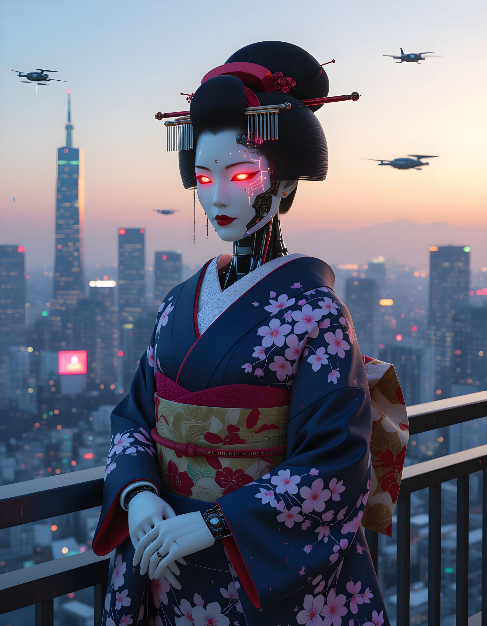 Cyborg Geisha Overlooking Futuristic Tokyo at Dusk