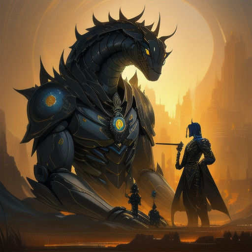 Surreal Robot Cobra Emerges from Golden Hour Oil Streams