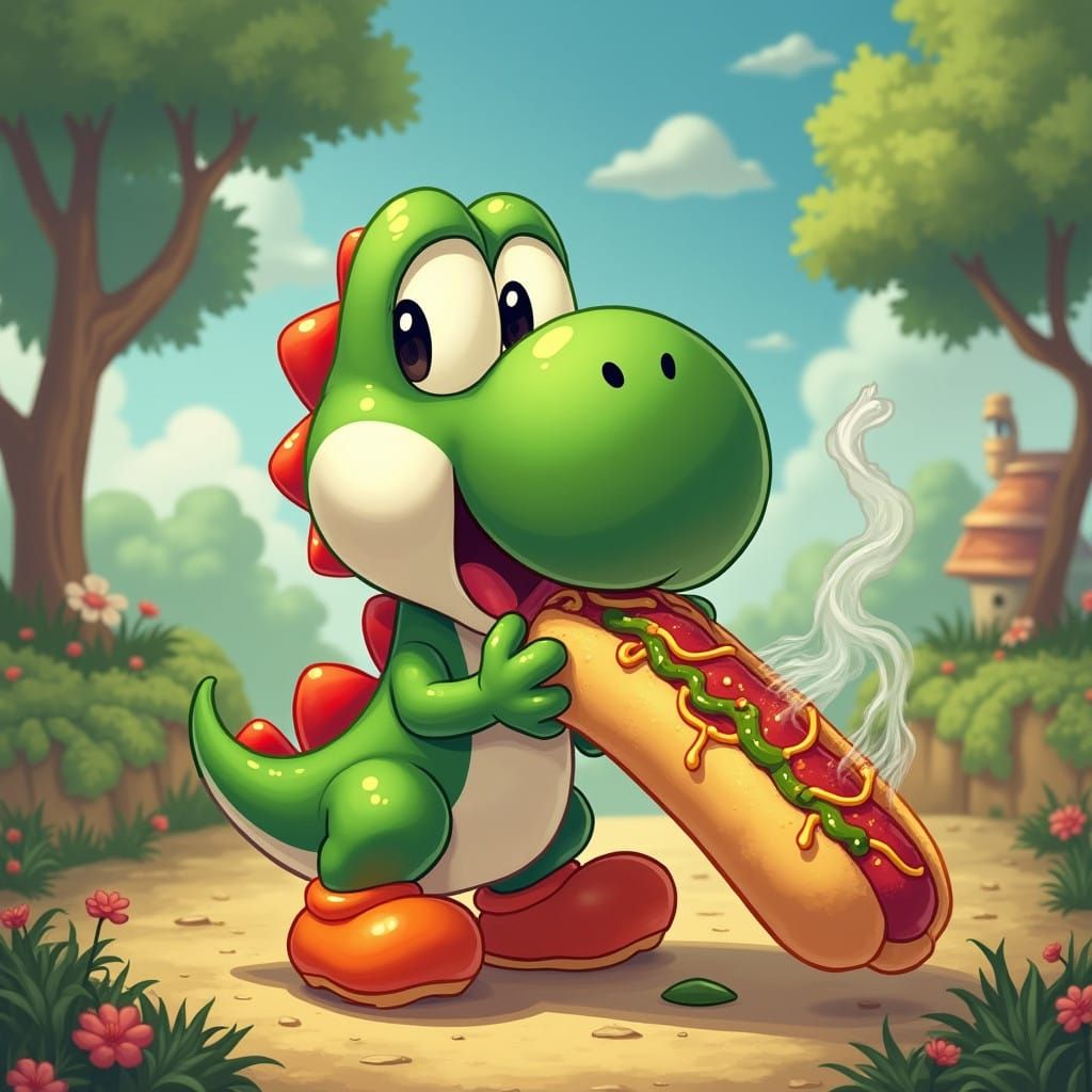 Yoshi Devours a Colorful Hotdog in Whimsical Studio Ghibli S...