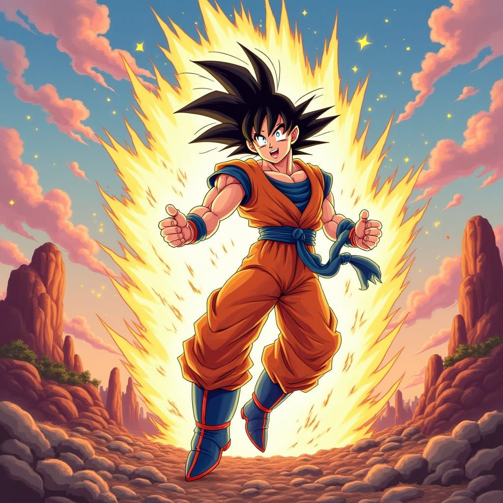 Goku Surrounded by Ki Energy in Anime Pop Art Style