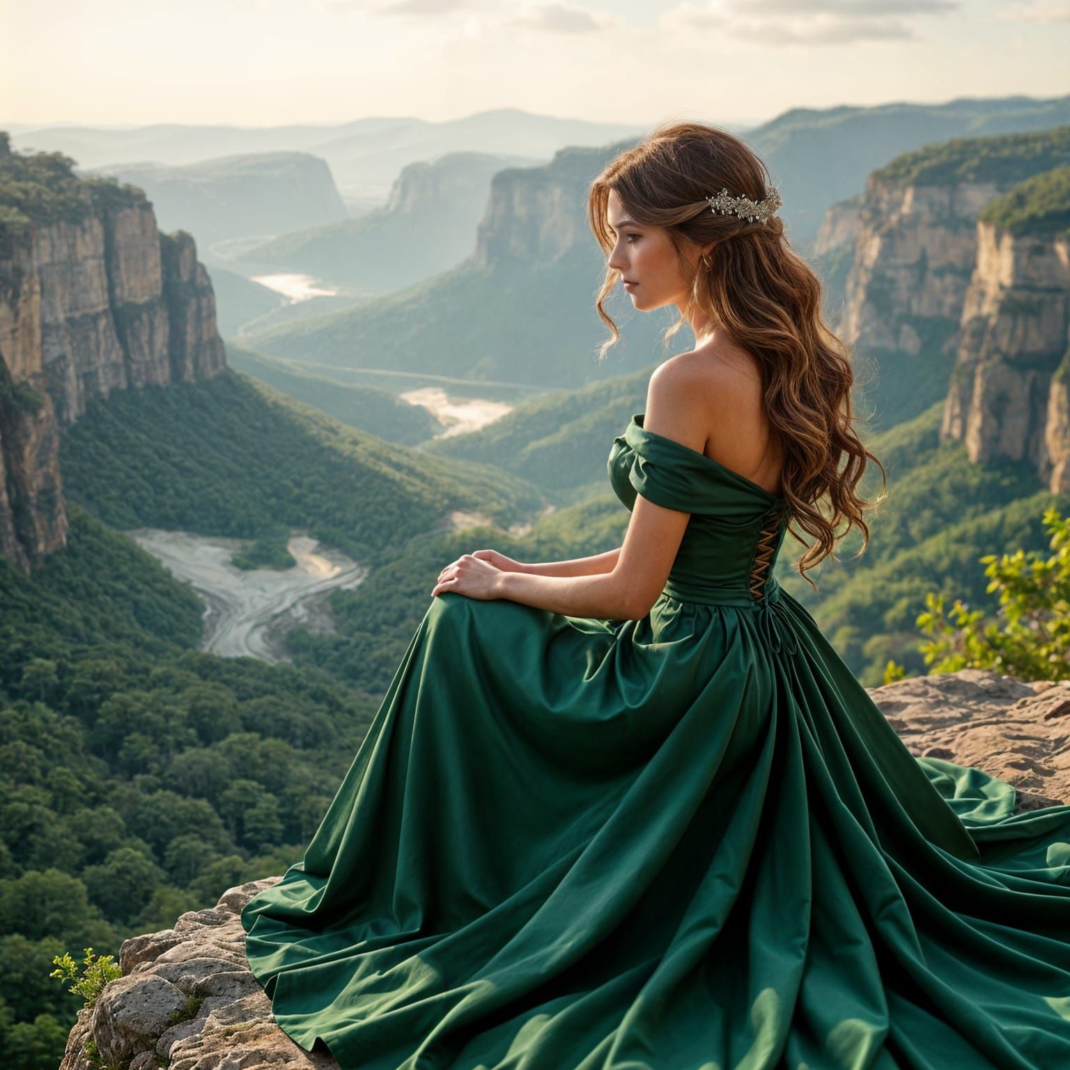 Hyperrealistic Woman on Cliff Overlooking Valley
