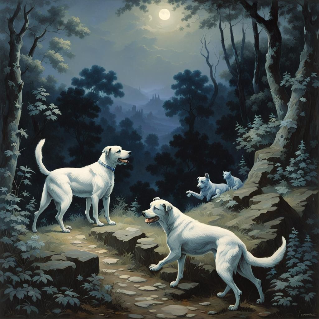Hunting Dogs in Forest: Classical Art Style