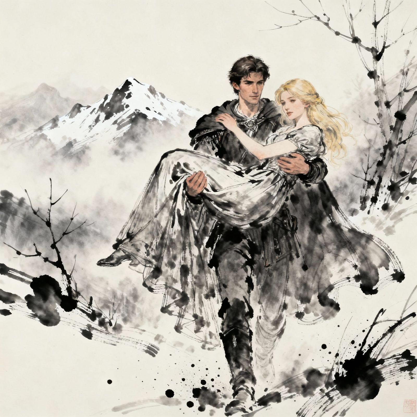 Hero Carries Woman Through Misty Winter Mountains