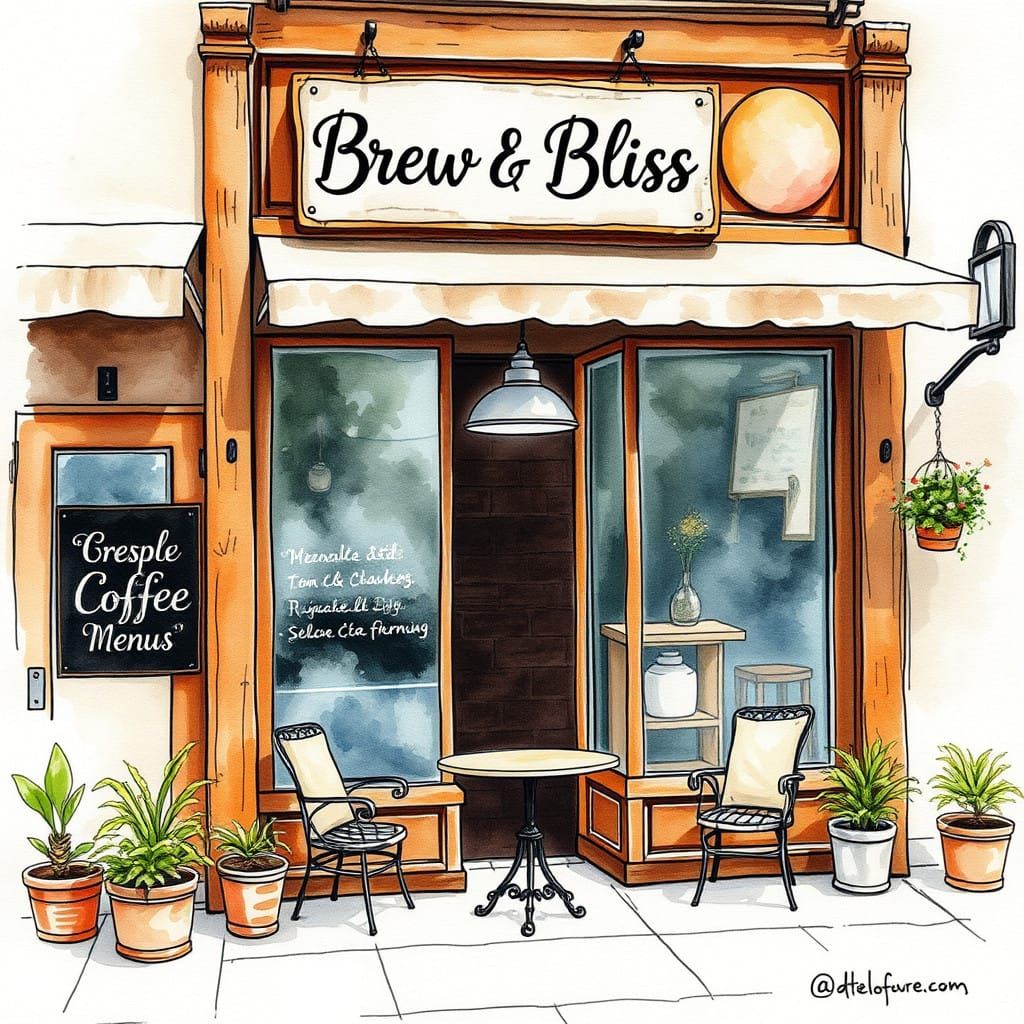 Charming Coffee Shop Scene in Mixed Media Art