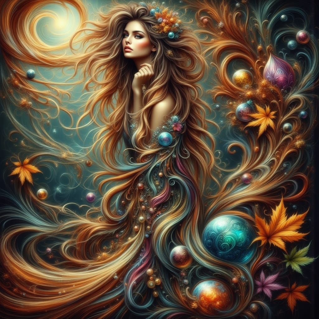 Bohemian Woman Gazes at Enchanting Orbs