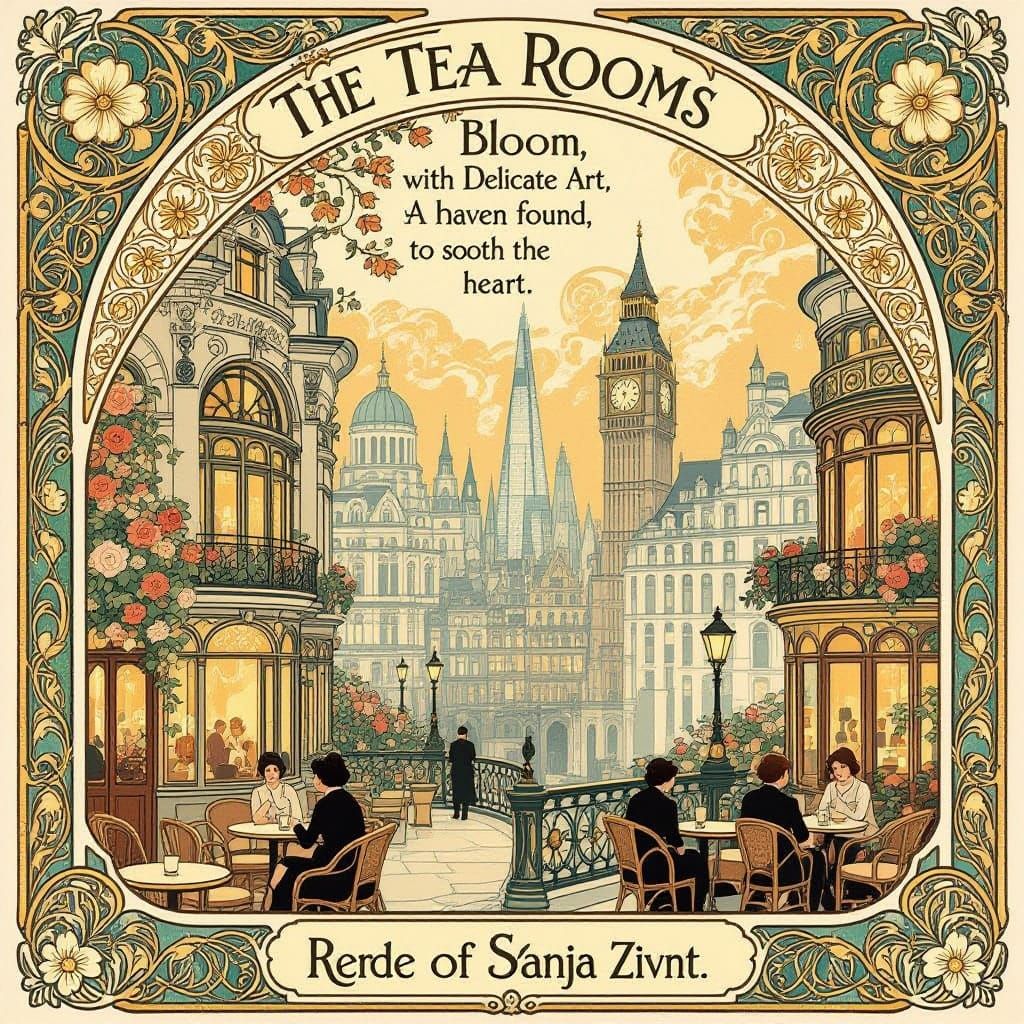Art Nouveau London Cityscape with Floral Tea Rooms
