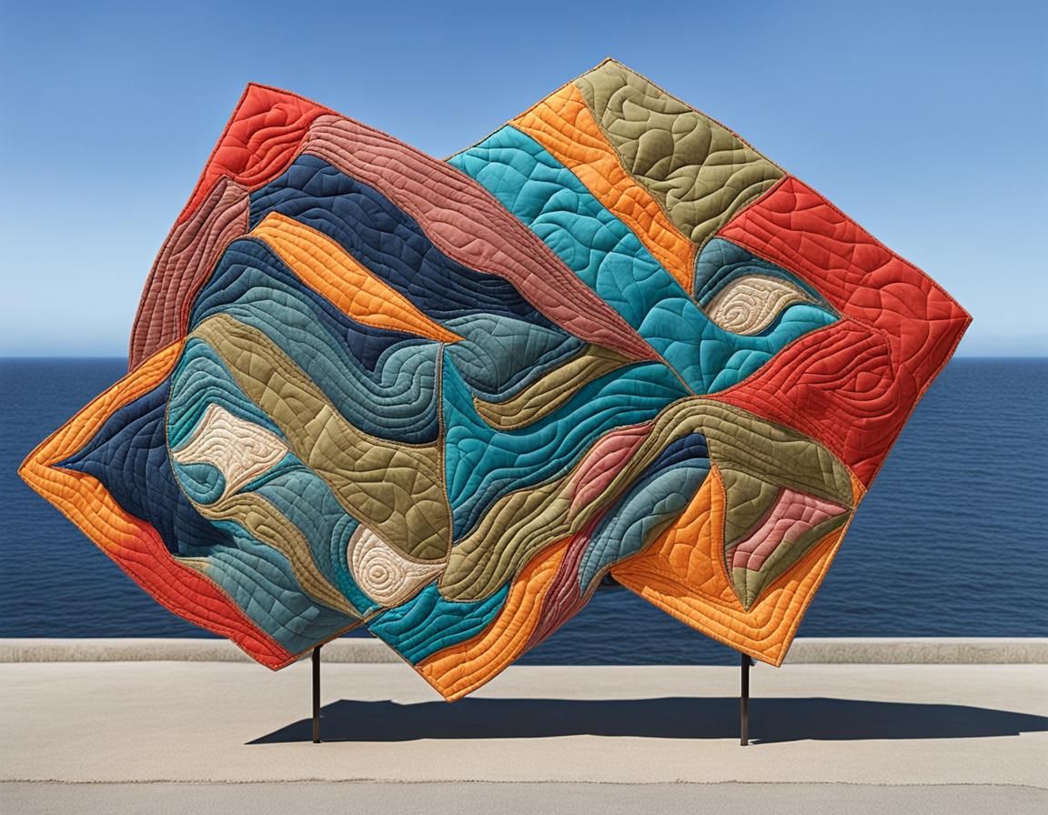 Abstract Quilted Sculpture with Ocean Backdrop