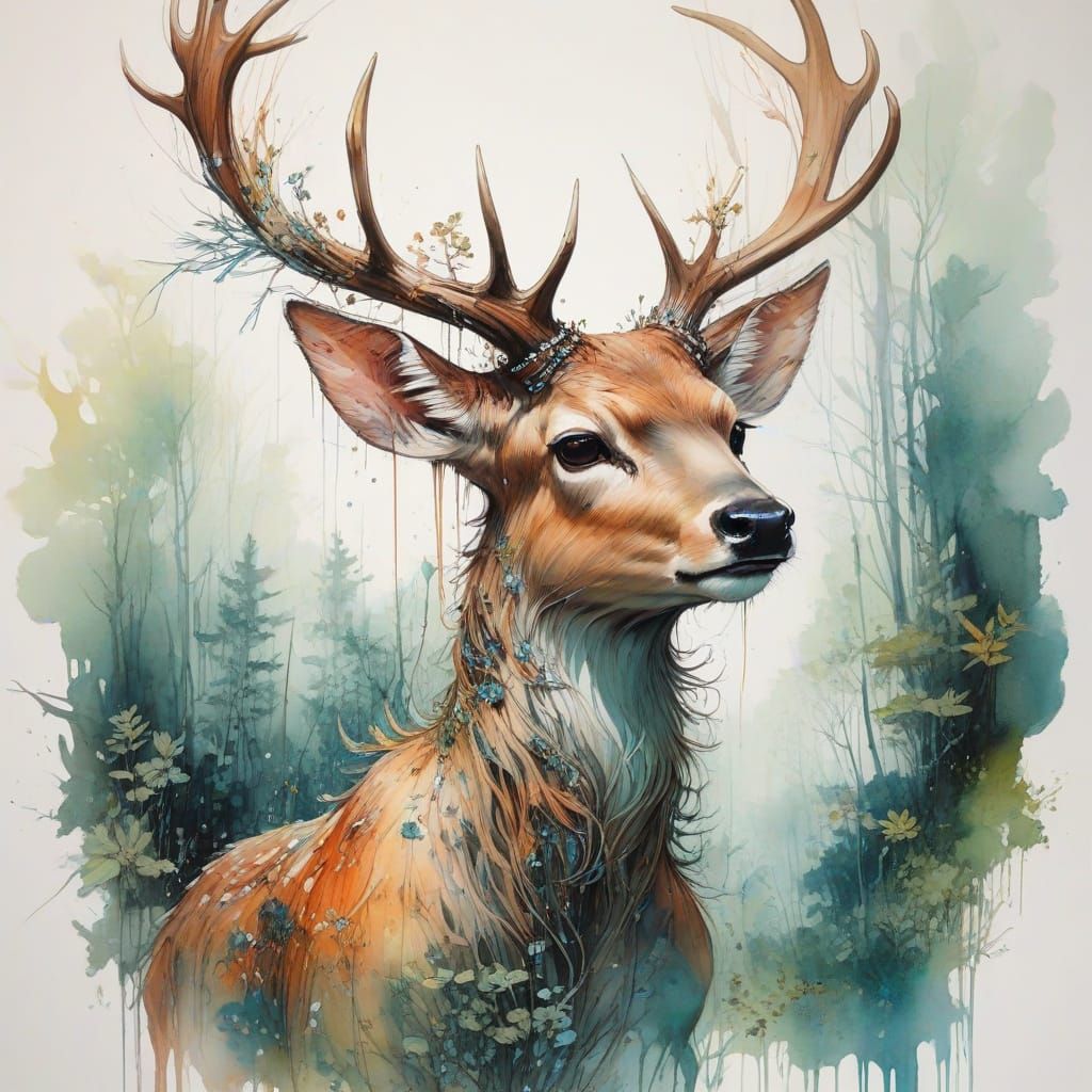 Dreamlike Deer in Enchanted Watercolor Forest