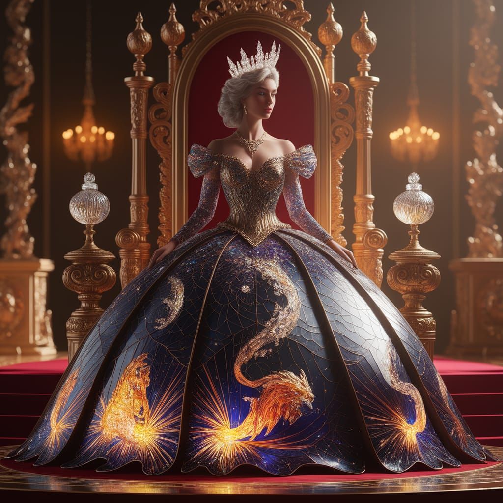 Queen in Stained Glass Gown in Fantasy Throne Room