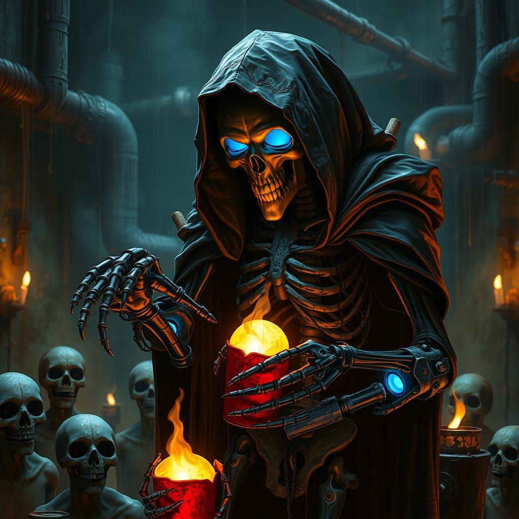 Mechanical Grim Reaper Builds Souls in Dark Workshop