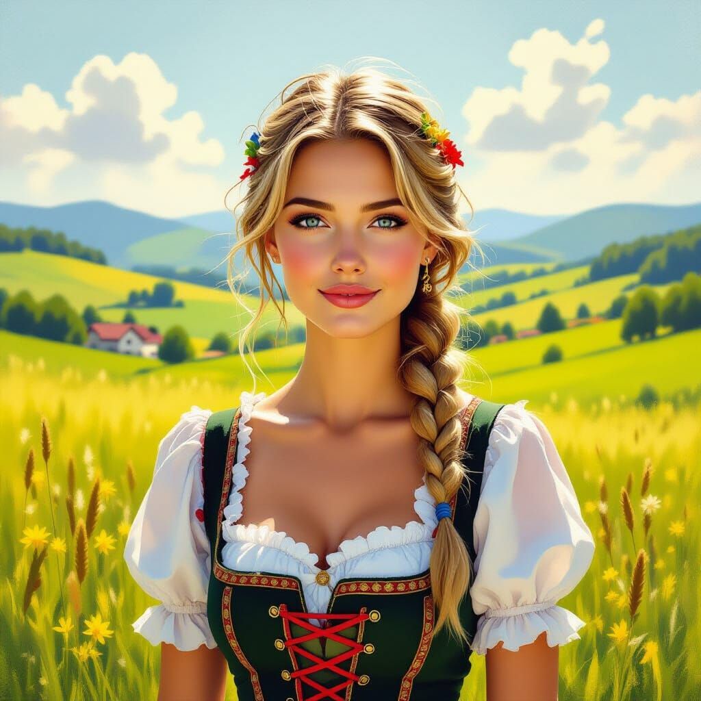 Bavarian Woman in Sunlit Meadow Impressionist Oil Painting