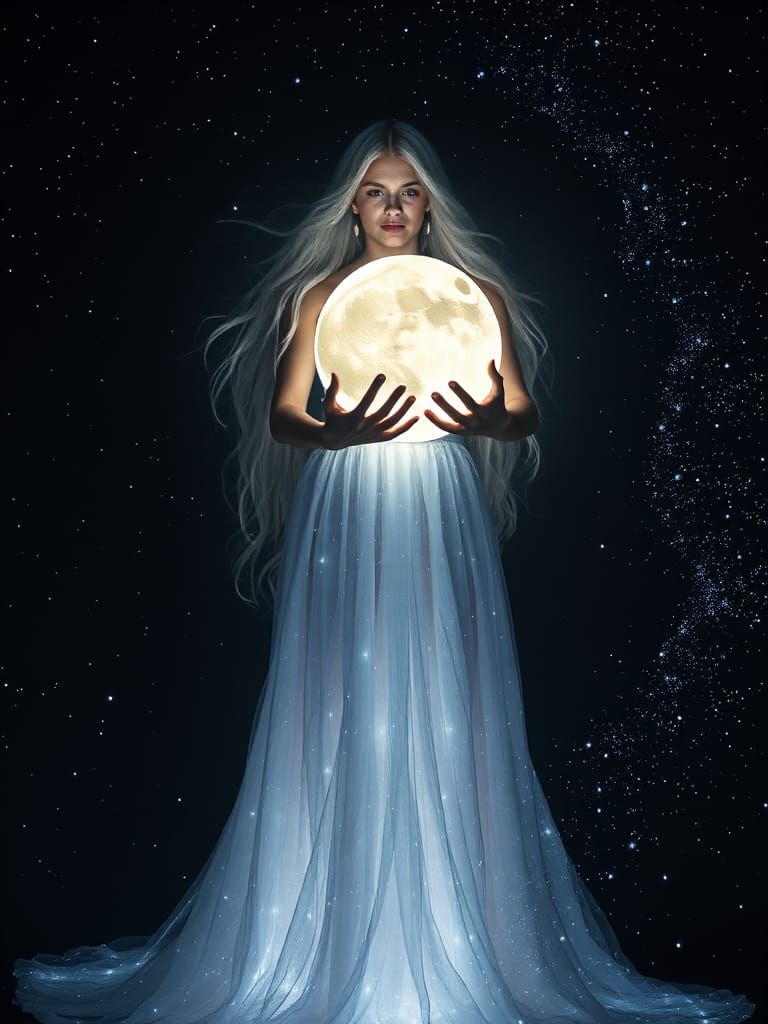 Luminous Moon Goddess Scattering Stars, Cinematic Aesthetic