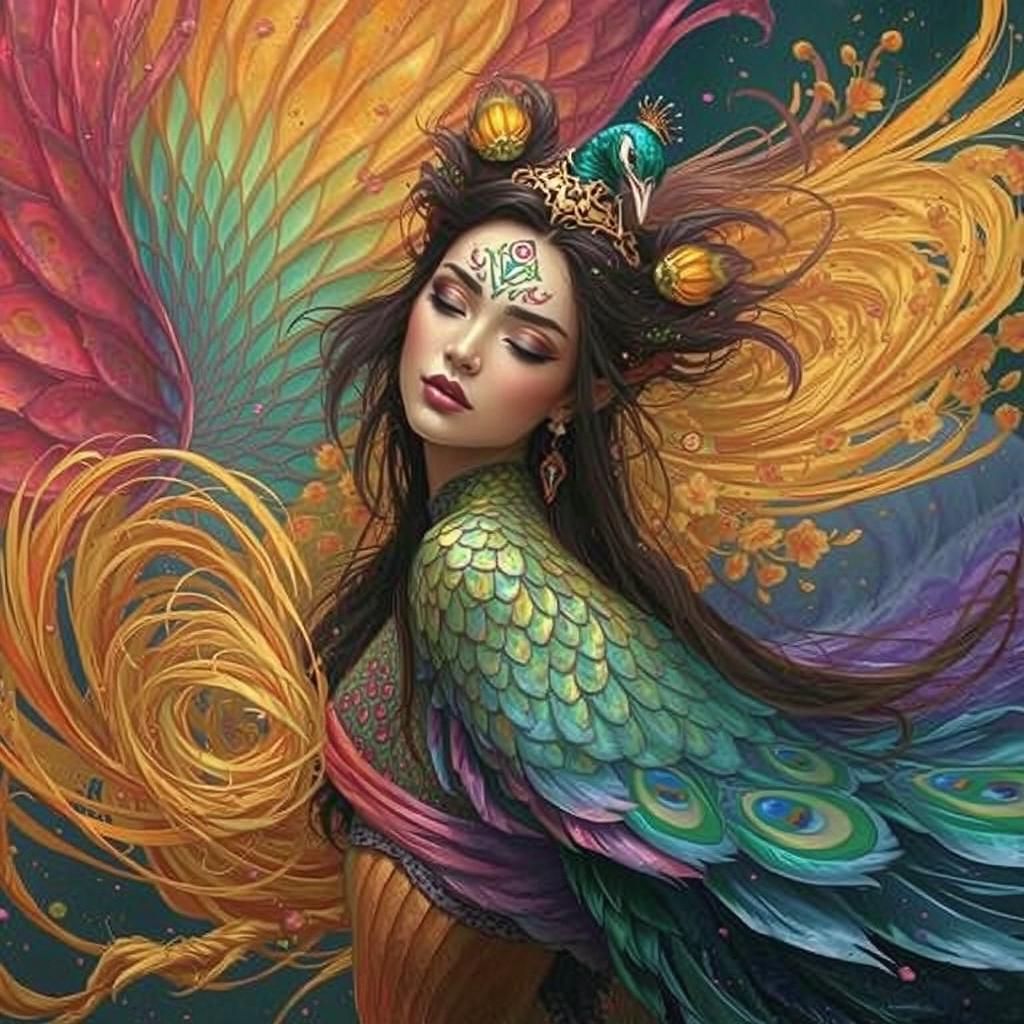 Dragon Peacock Woman in Abstract Expressionist Garden