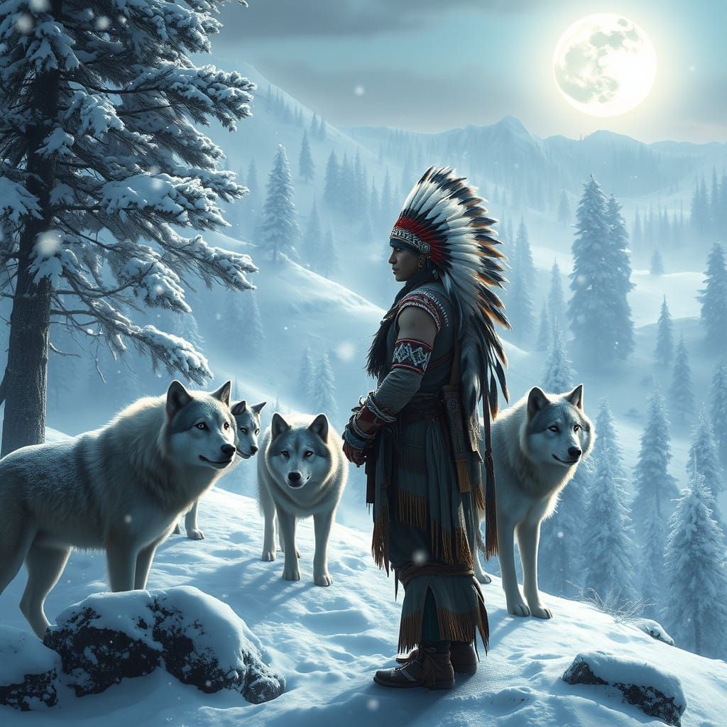 Native American Warrior Surrounded by Majestic Wolf Pack in...