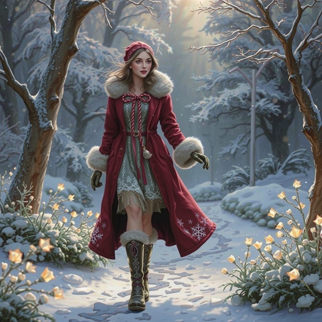 Winter Wonderland with Golden Lady in Crimson Coat