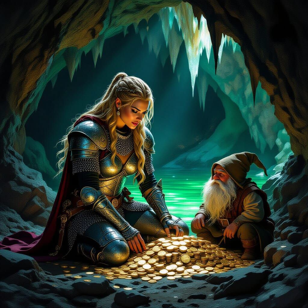 Nordic Warrior Princess Kneels Beside Treasure in Dark Cave