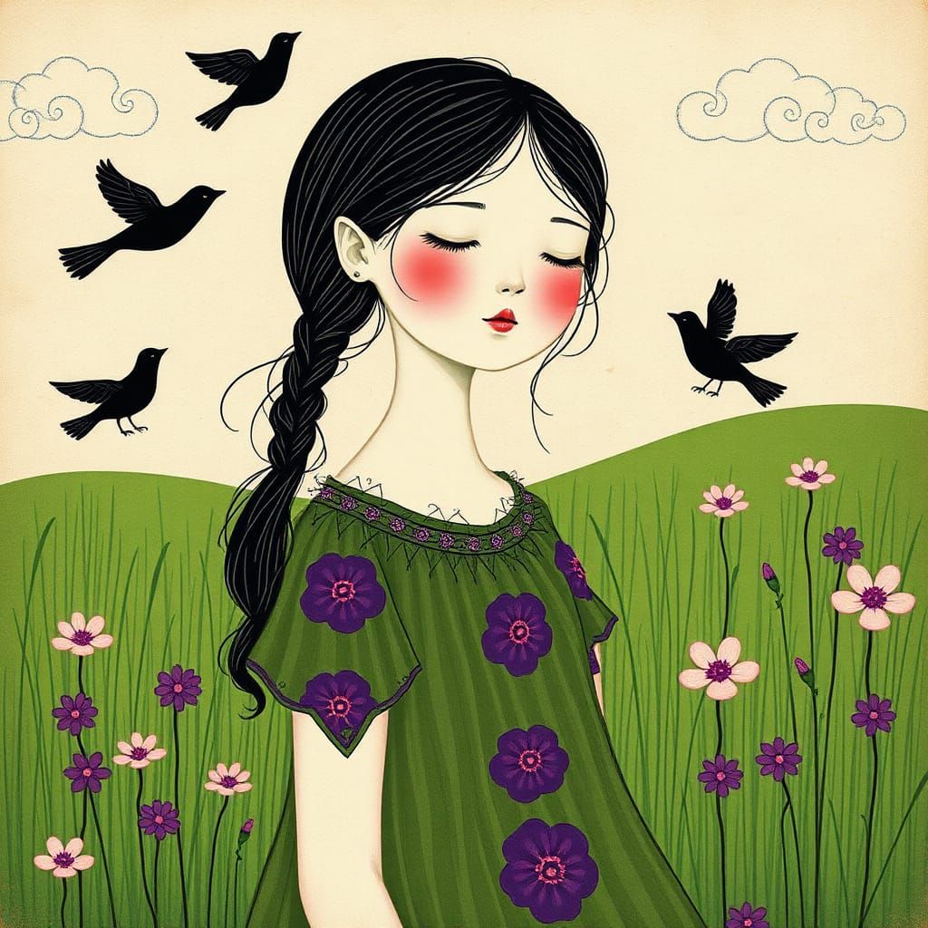 Dreamlike Woman in Meadow: A Folk Art Illustration
