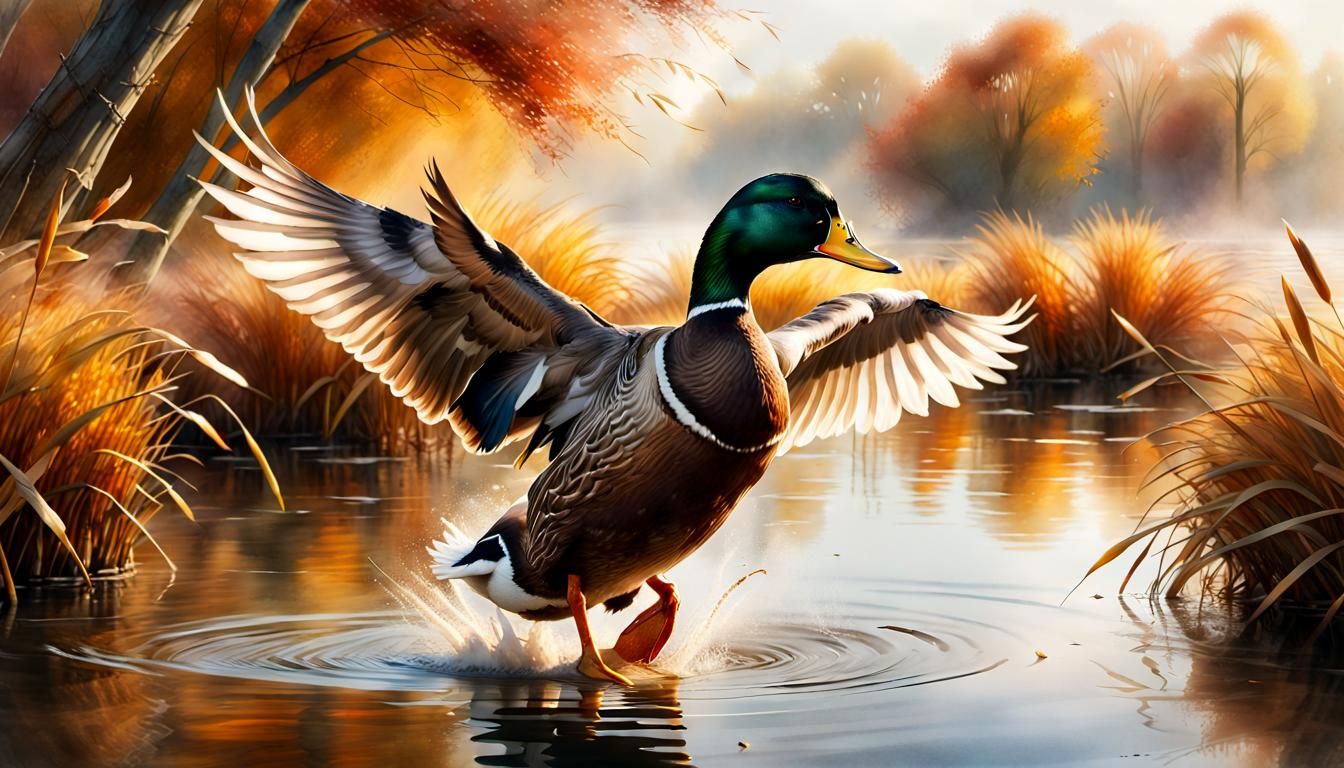 Majestic Wild Duck Takes Flight in Autumnal Serenity
