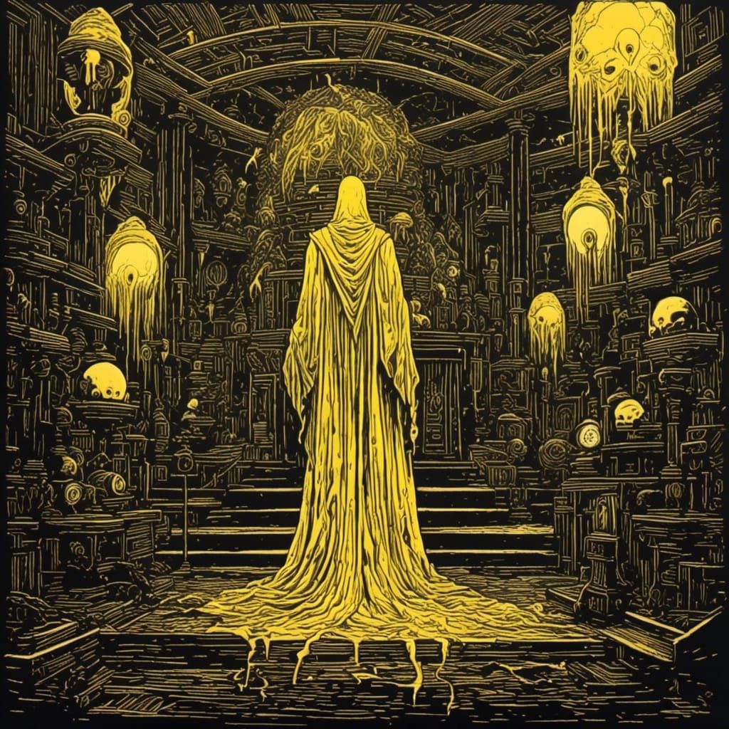King in Yellow Descends: Linocut Eldritch Scene