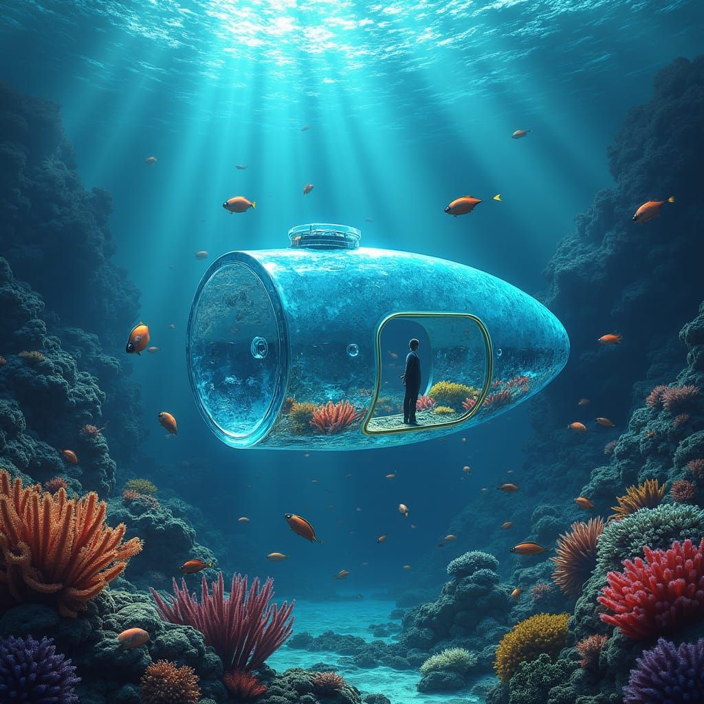 Glass Submarine Exploring a Colorful Coral Reef