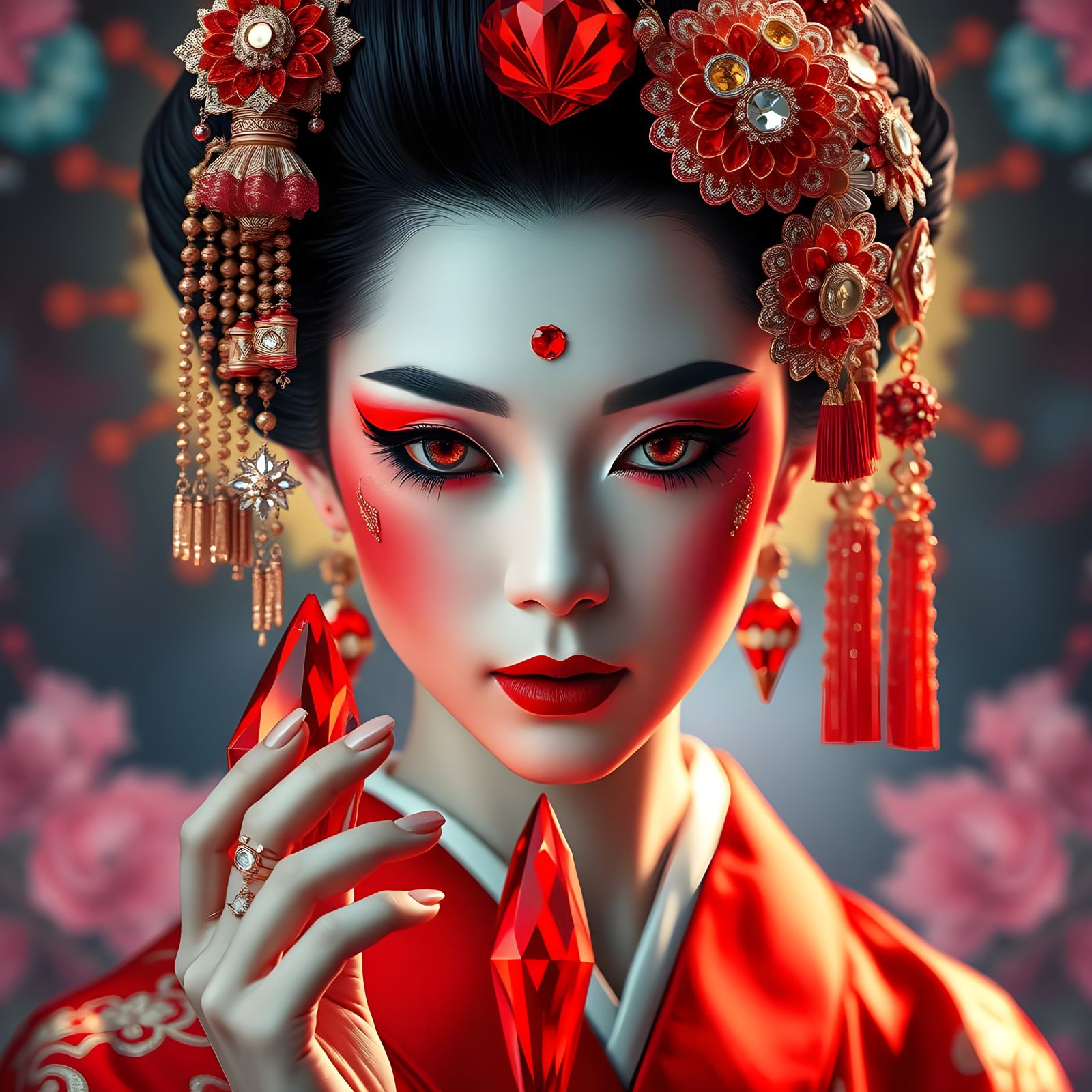 Geisha in Ruby Crystal World, Vibrant Moebius Art