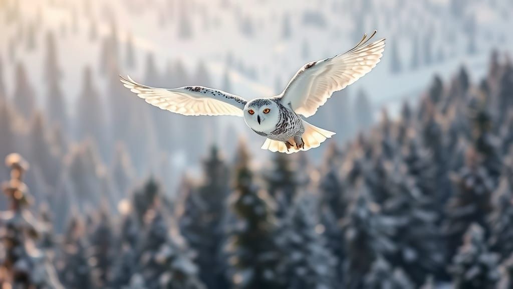 Majestic Snowy Owl Soars Above Frosty Forest in Dramatic Mou...
