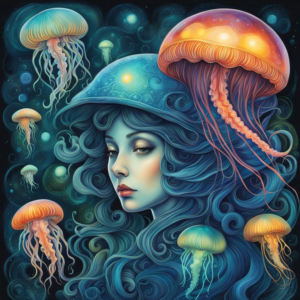 Bioluminescent Jellyfish Woman in Fantasy Laboratory