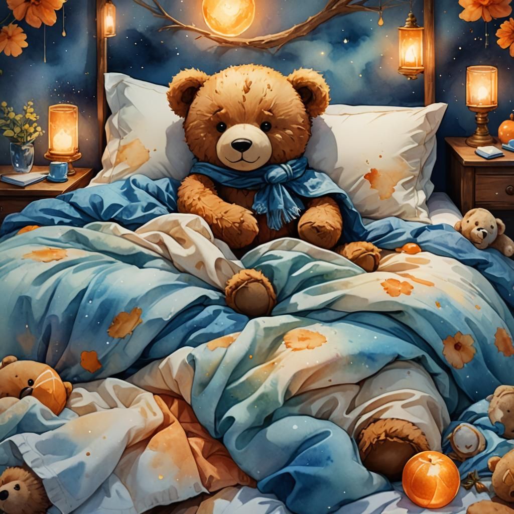 Teddy Bear Tucked in Bed: Watercolor Illustration