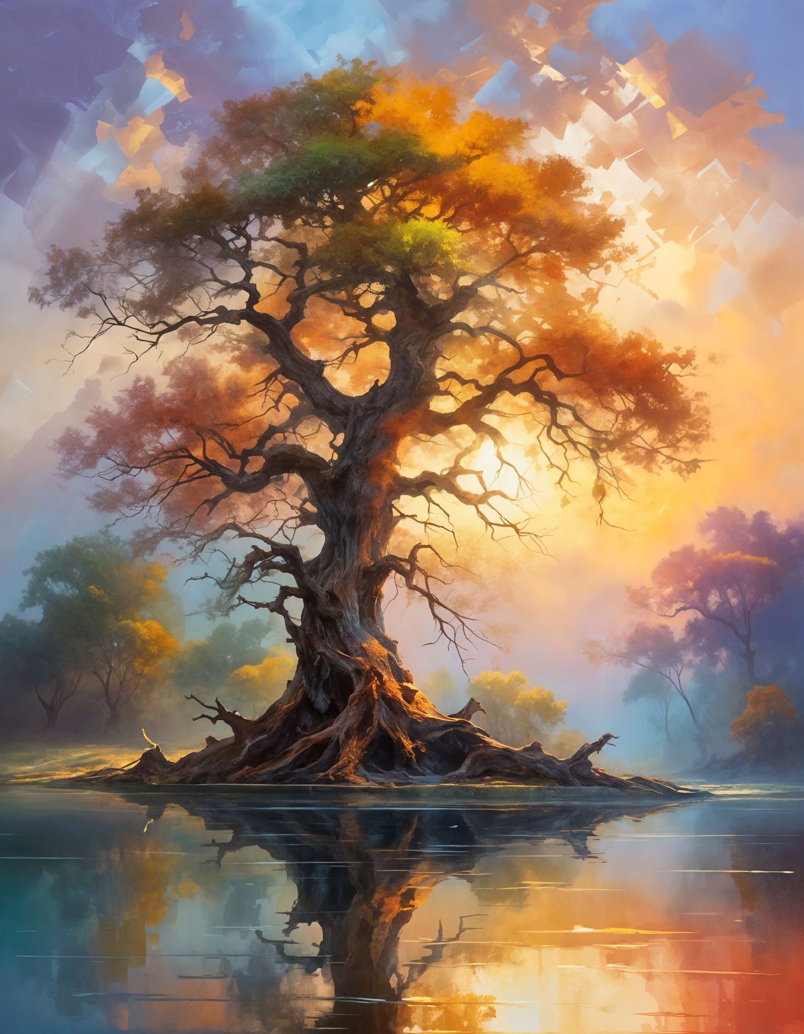 Ancient Oak Tree on Serene Lake as Oil Painting