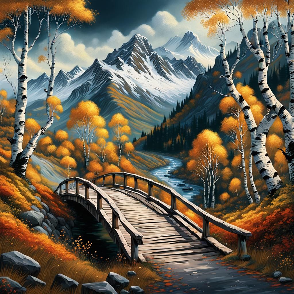 Scenic Mountain Road with Birch Trees and Bridge