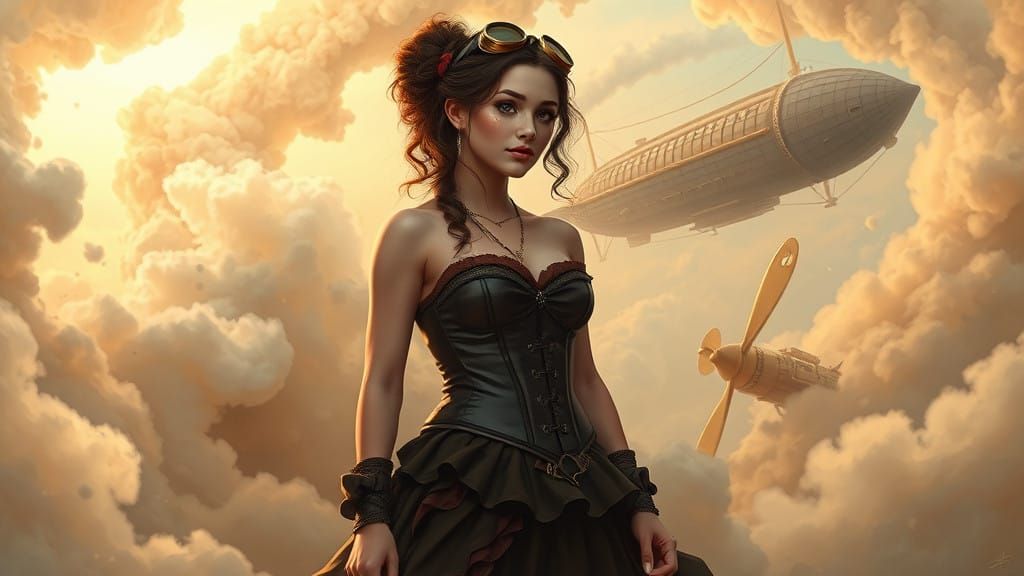 Whimsical Steampunk Scene with Victorian Elegance and Indust...