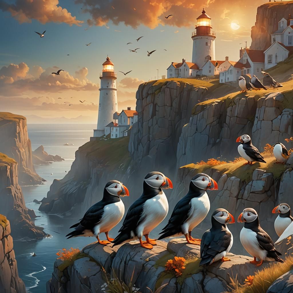 Puffins on Cliff with Lighthouse: Fantasy Matte Painting