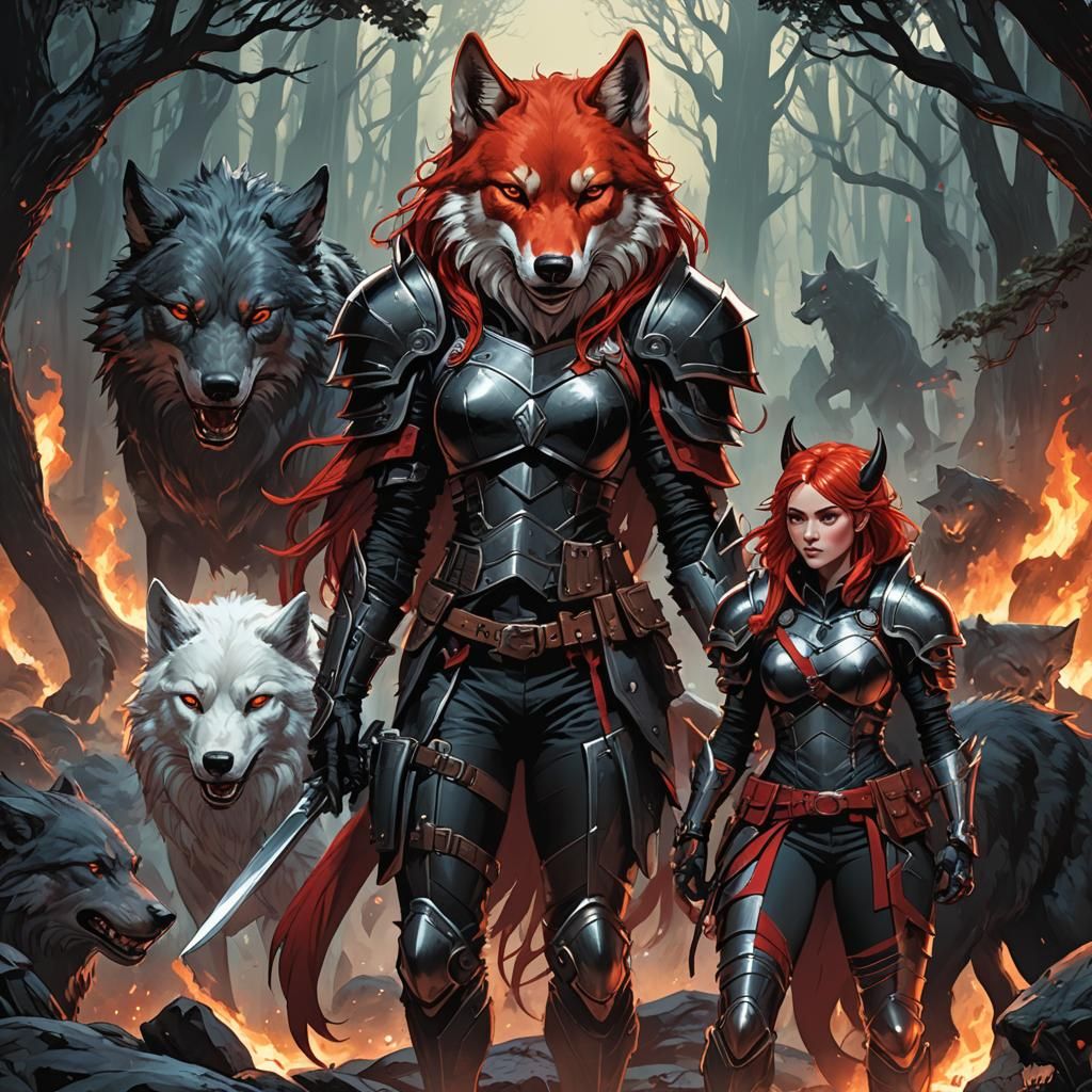Fiery Wolf Woman in Detailed Comic Art Style