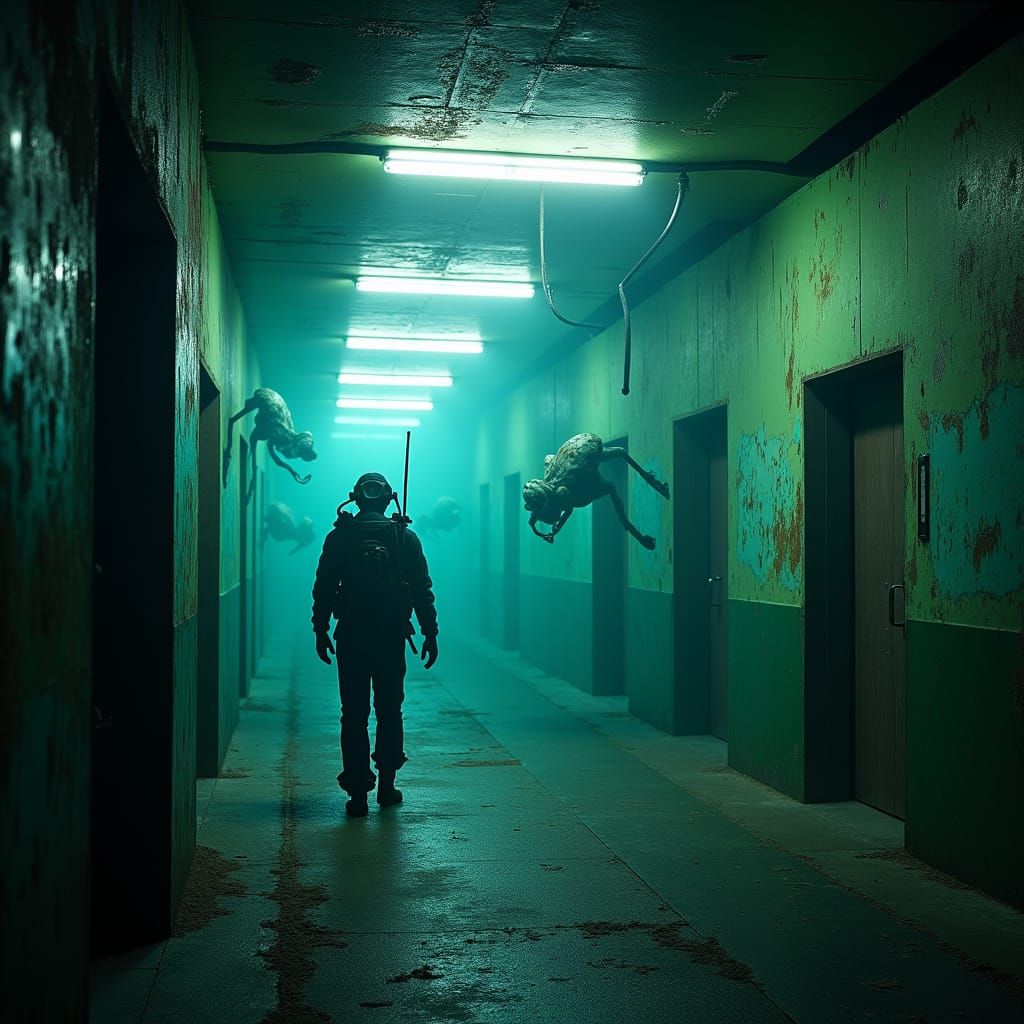 Eerie Underwater Research Facility in a Dark Cinematic Style