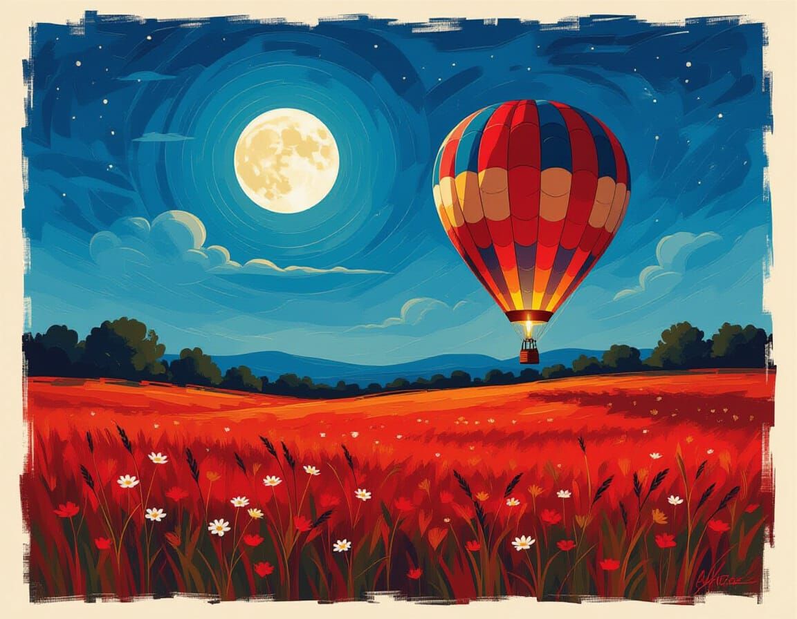 Hot Air Balloon over Crimson Meadow as Impasto Painting