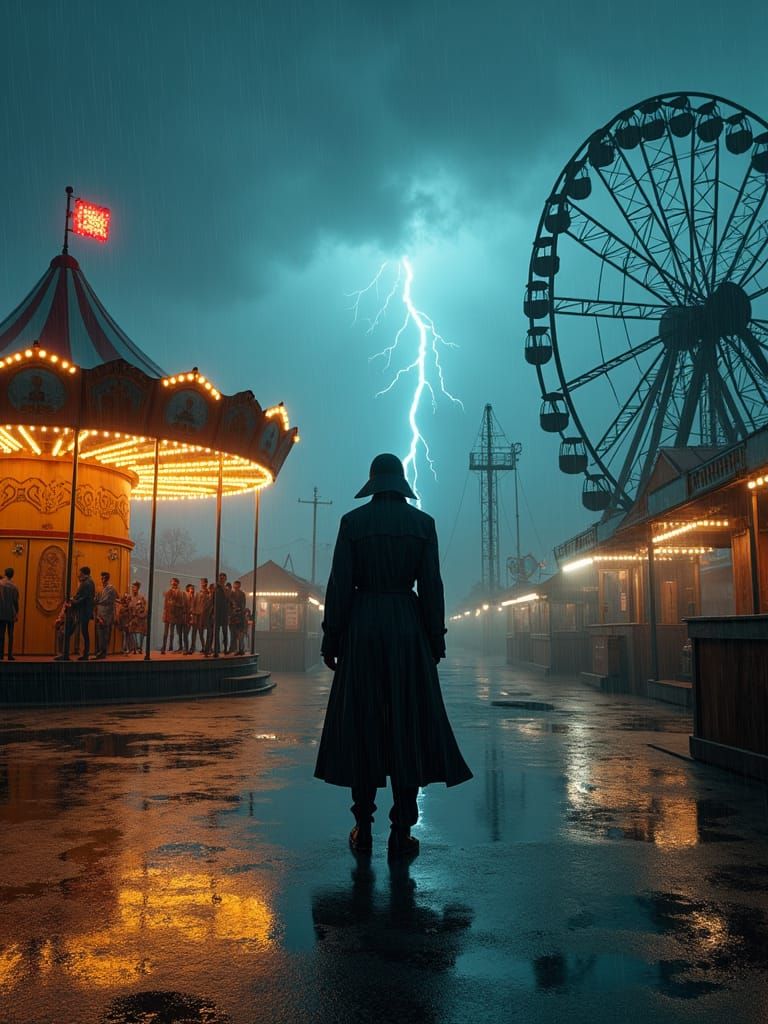 Ominous Figure at Deserted Carnival: Gothic Art