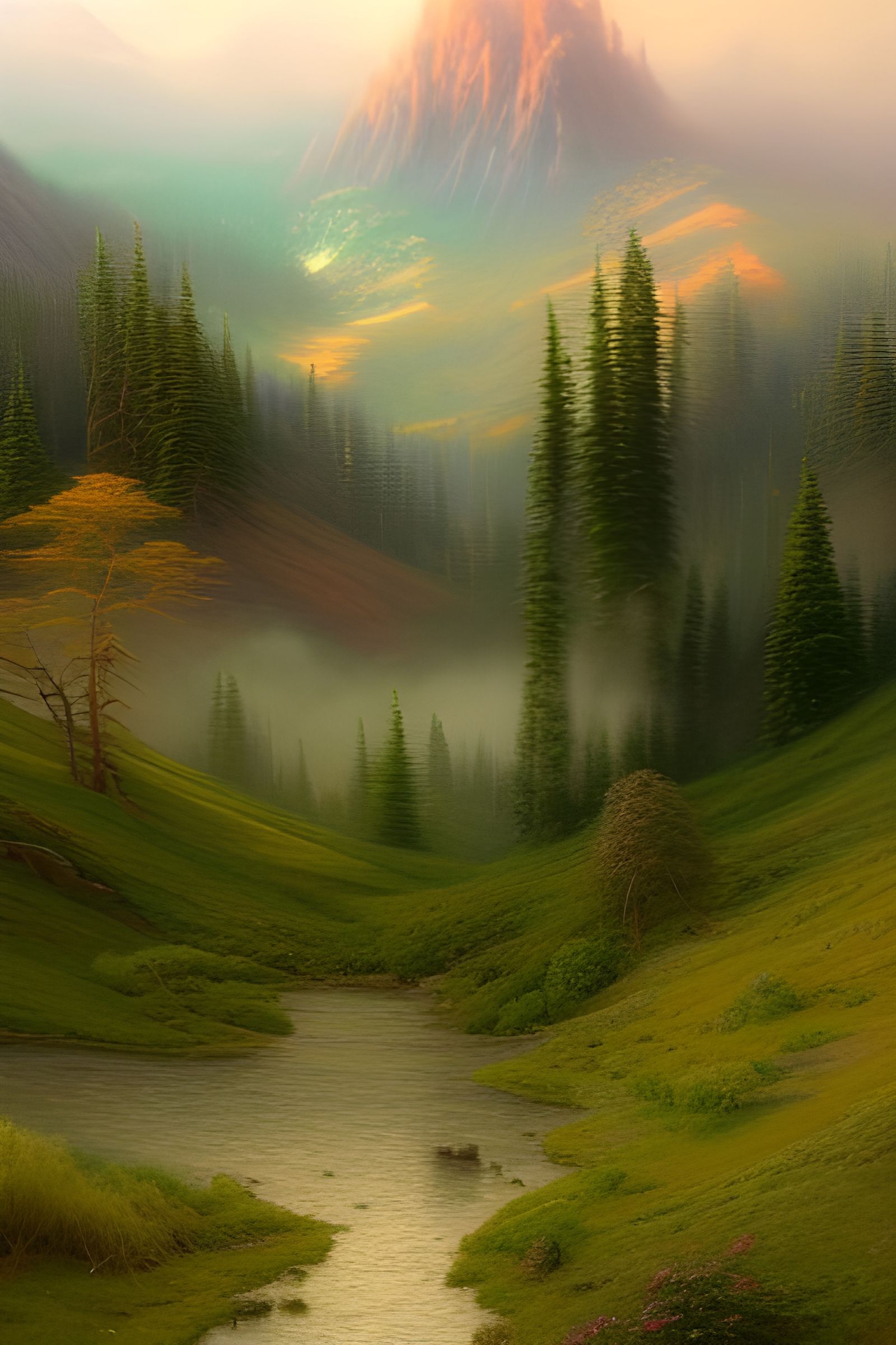 Misty Mountain Landscape in Oil Painting Style