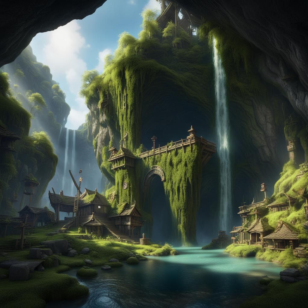 Cave Village with Waterfall: Fantasy Concept Art
