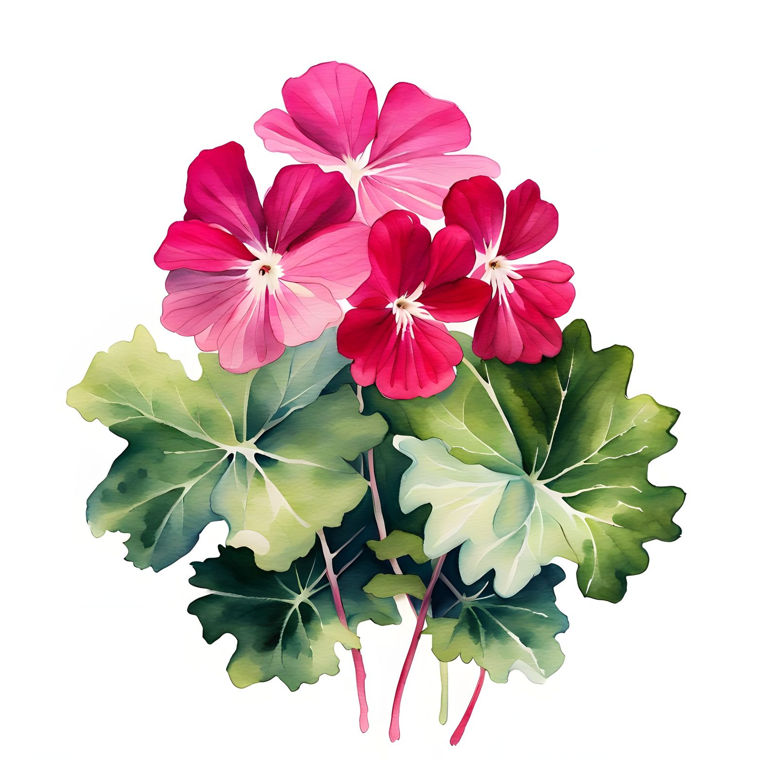 A hot dark pink geranium with leaves and a white ivy geranium spread out in front with leaves. shadows, and white backgr...