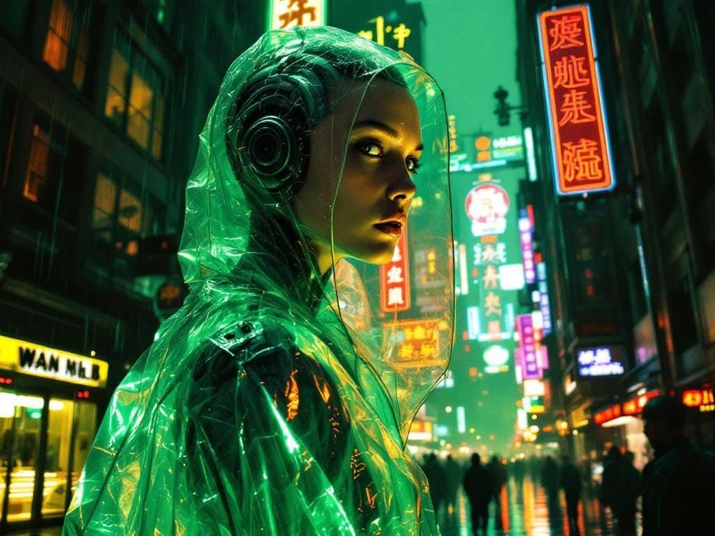 Replicant in Rainy Cyberpunk Cityscape