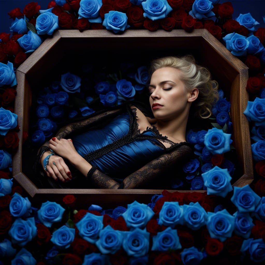Vampire Portrait in Coffin with Blue Roses