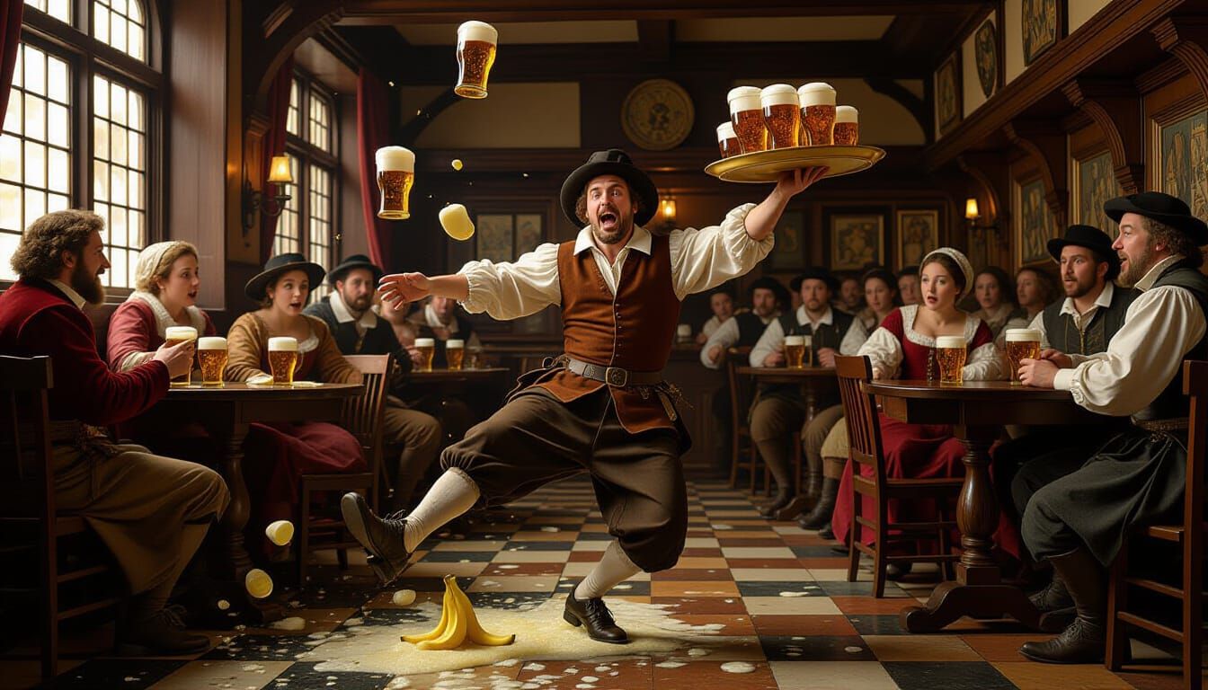 Waiter Slips on Banana Peel in Bustling Tavern
