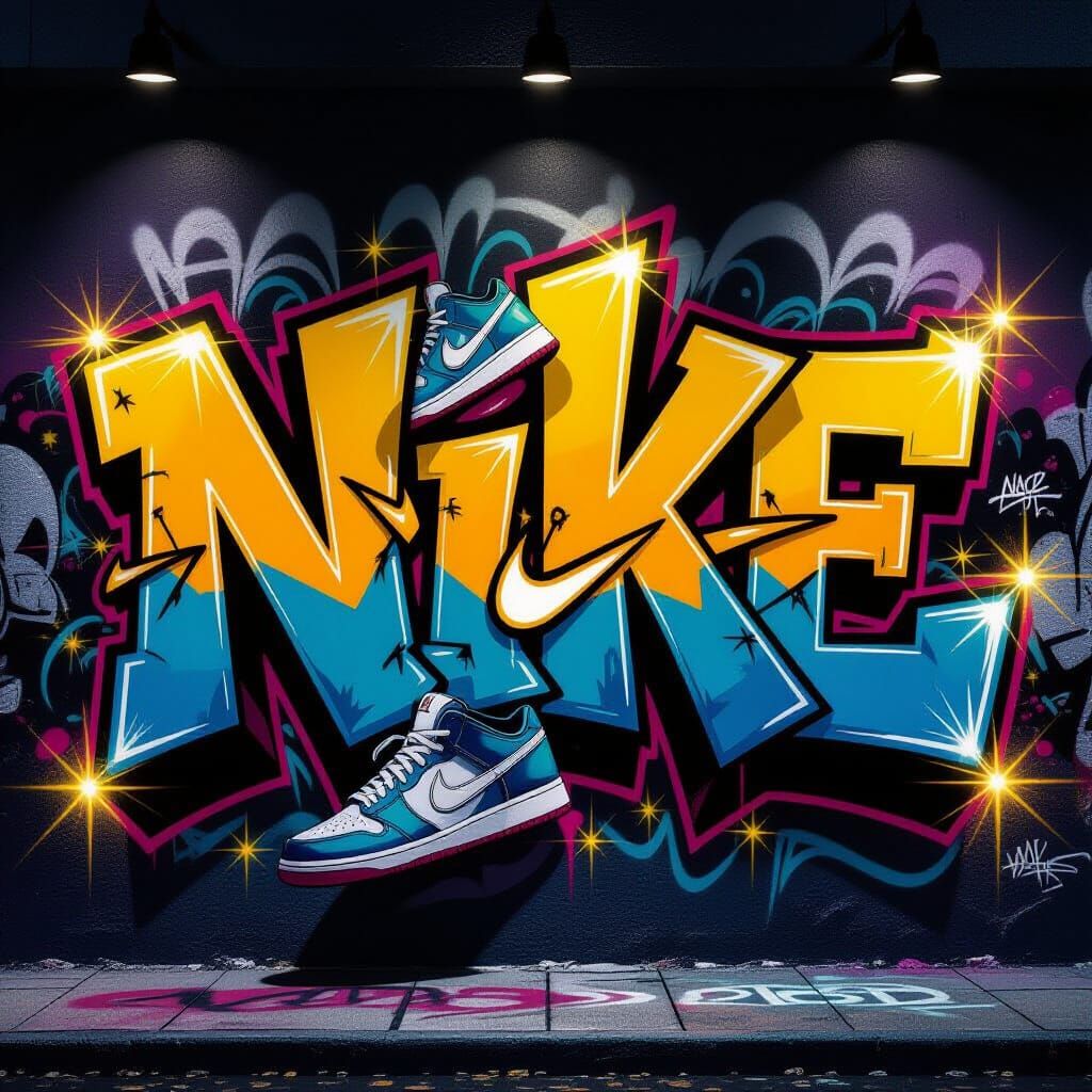 Vibrant Graffiti Wall with Nike Logo and Shoes