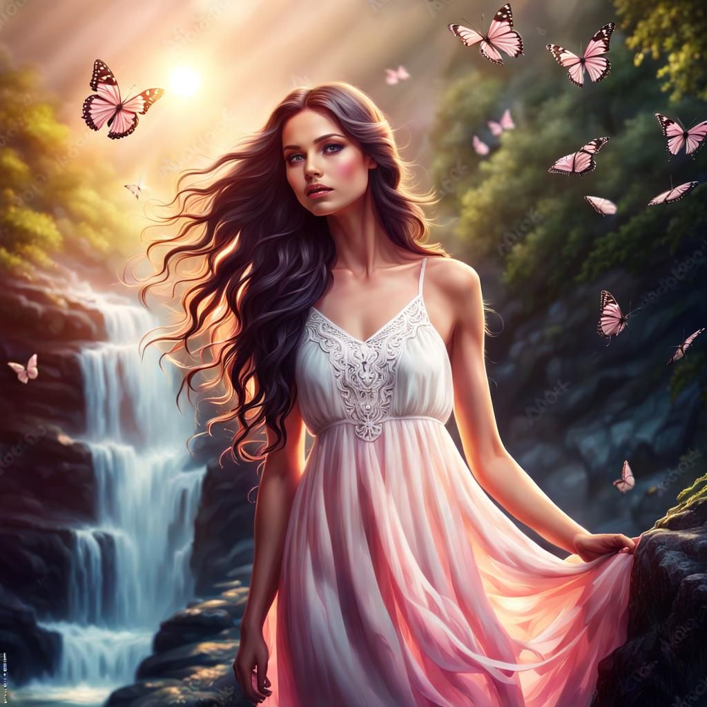 Aesthetic Girl Standing In Front Of A Waterfall