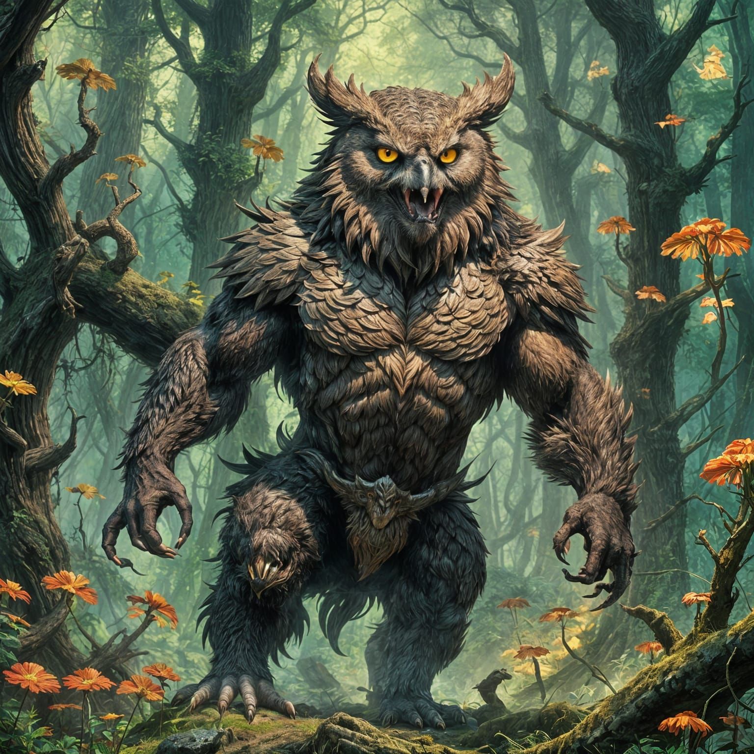 Fantasy Owlbear Roaring in Forest Glen