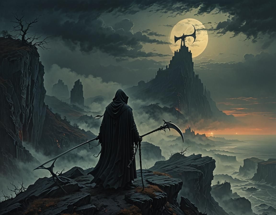 Grim Reaper on Misty Cliff in Dark Surrealism Style