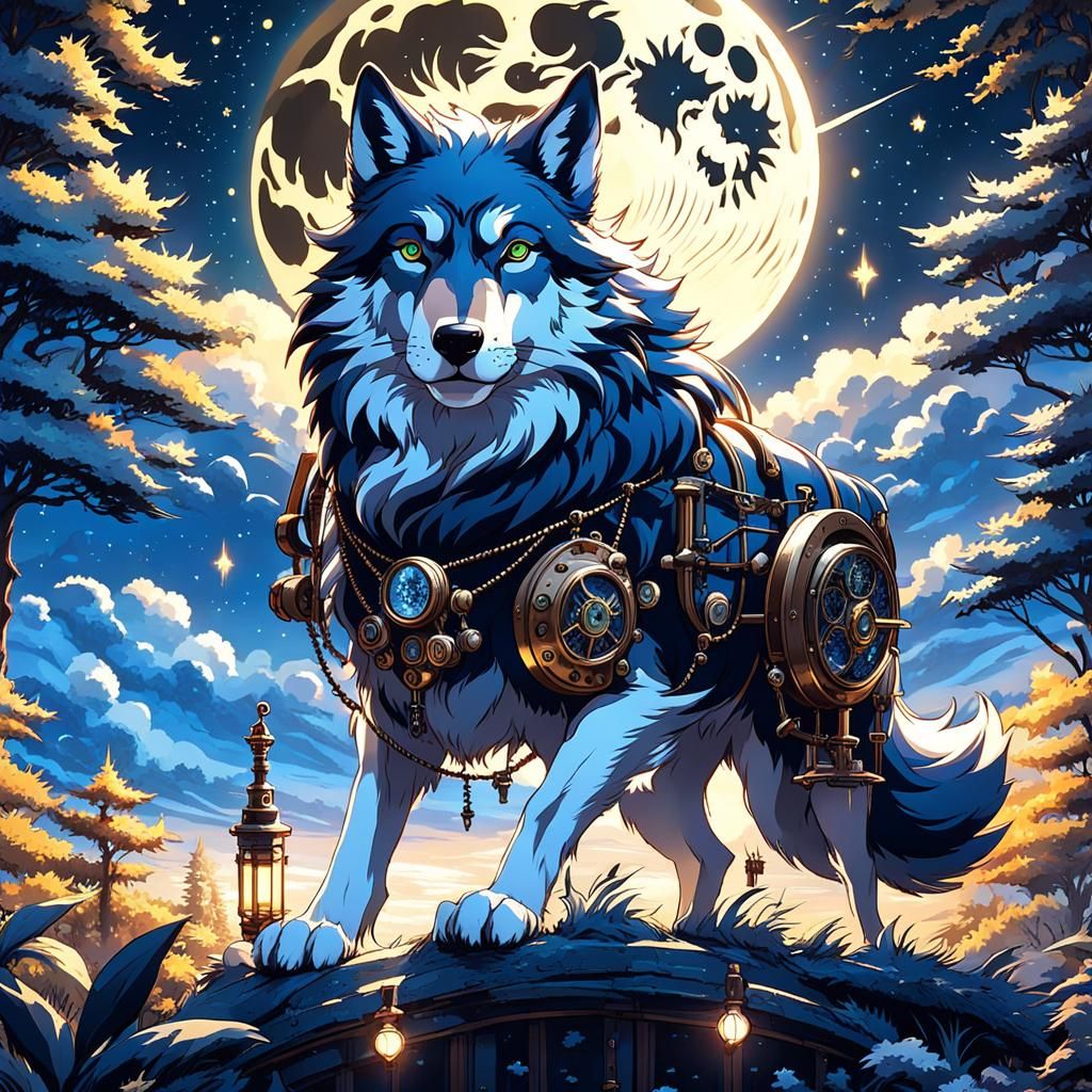 Steampunk Wolf Under Starry Night Sky
