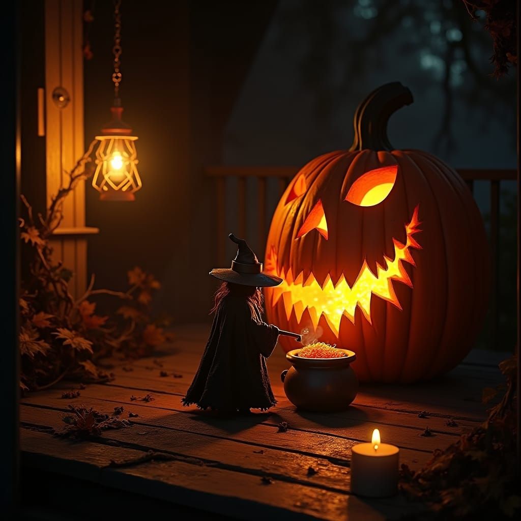 Miniature Witch Brews Potion in Jack-o'-Lantern