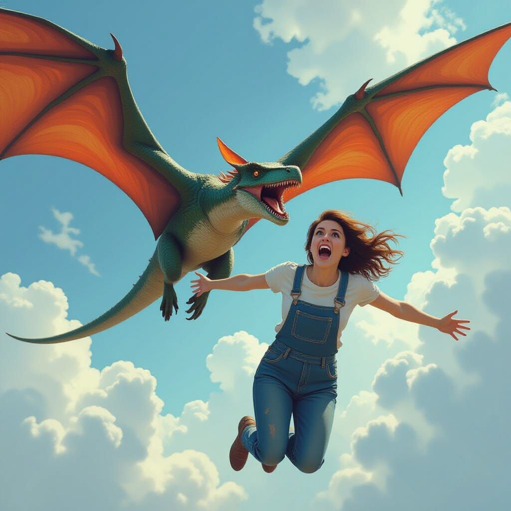 Pterodactylus Soaring with Woman in Realistic Style